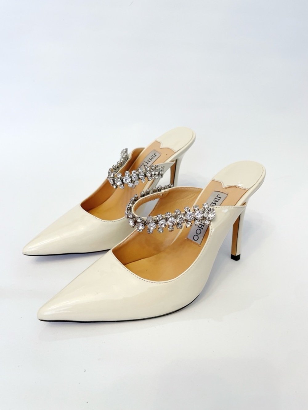 Jimmy Choo Bing 100MM Embellished Patent Leather Mules Ivory Crystal womens 7 38 - Picture 2 of 10